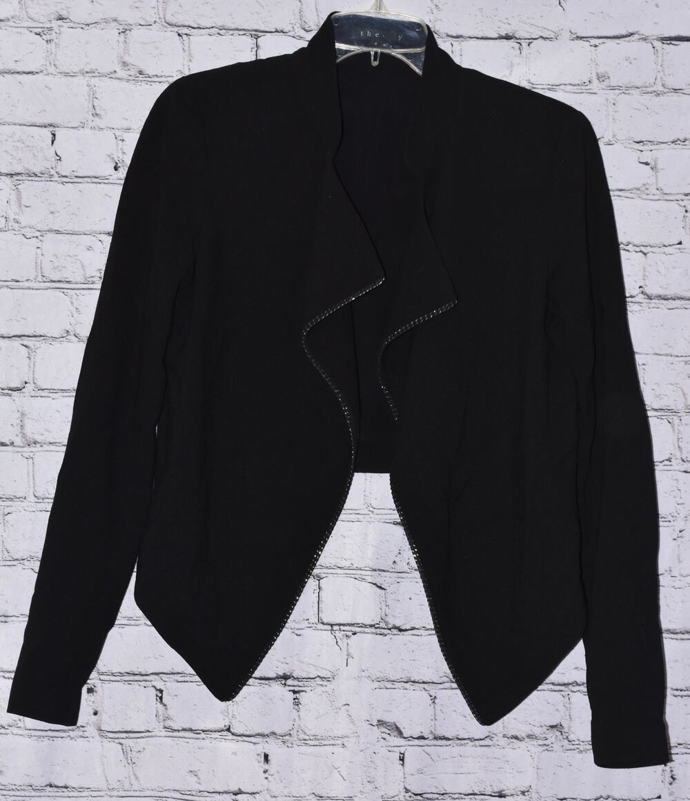 THEORY Black Wool Evening Chain Trim Draped Open Front Blazer Size SP
